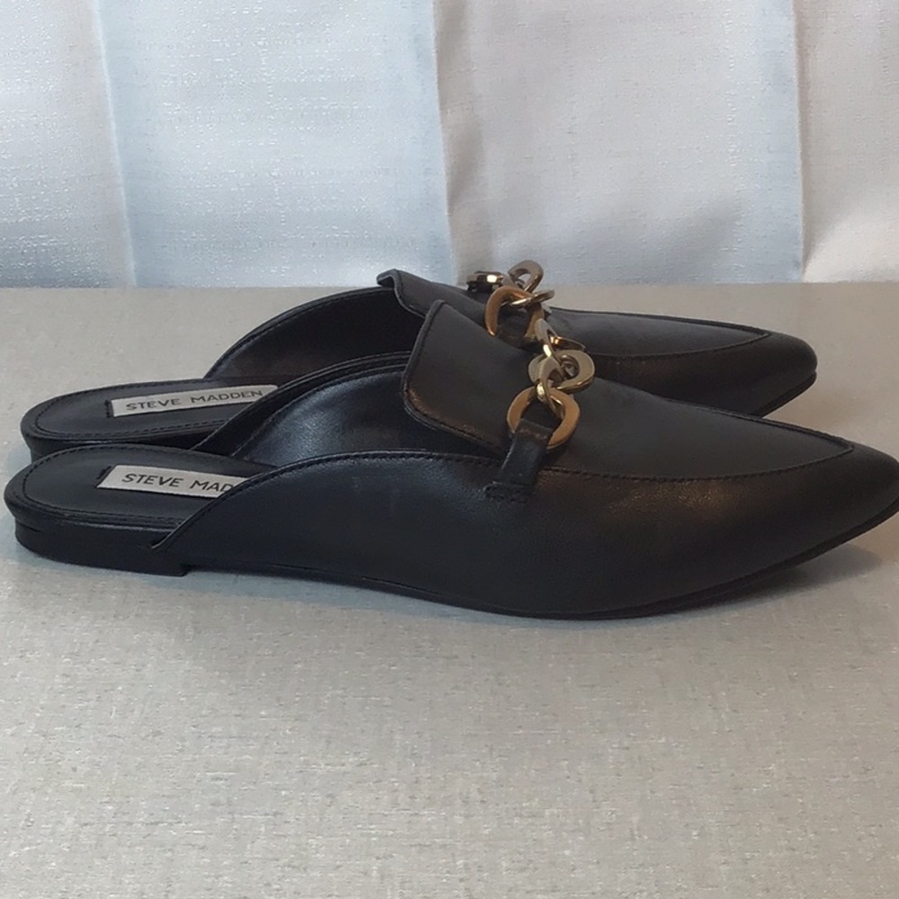 Steve Madden Black Leather Mules with Gold Chain EUC - Picture 7 of 10